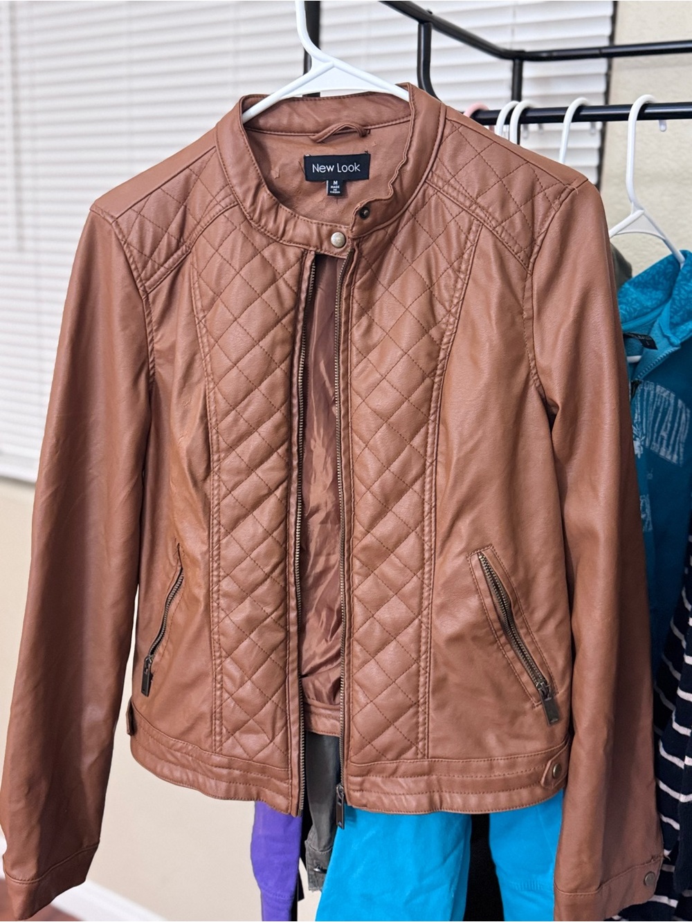 New Look Quilted Faux Leather Jacket in Brown Tan